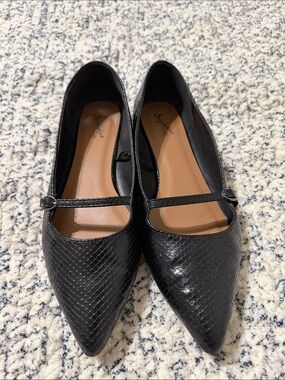 Seychelles Black Pointed Mary Jane Flats with Textured Finish